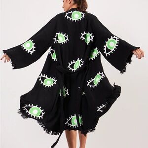 Turkish Towel Kimono Bathrobe Eye Design Green on Black